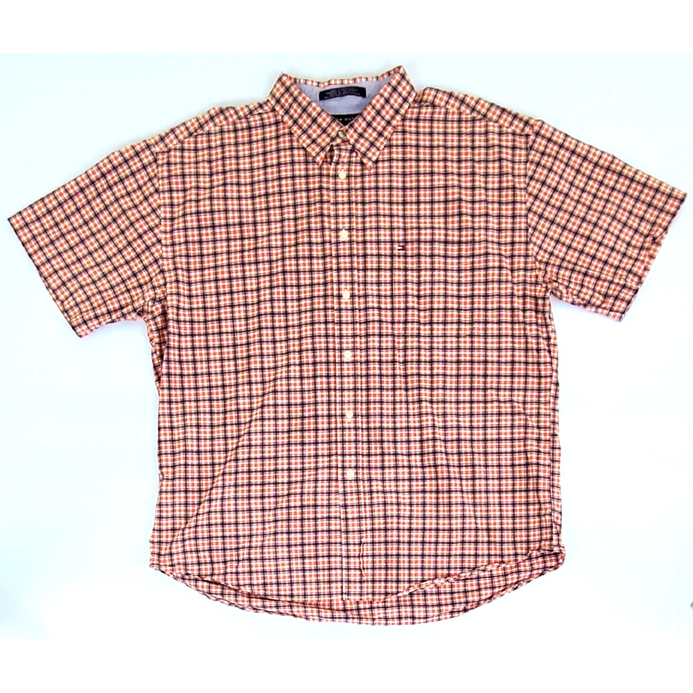 Tommy Hilfiger Men's 2XL Button Up Shirt Short Sleeve Plaid Orange, Black, White